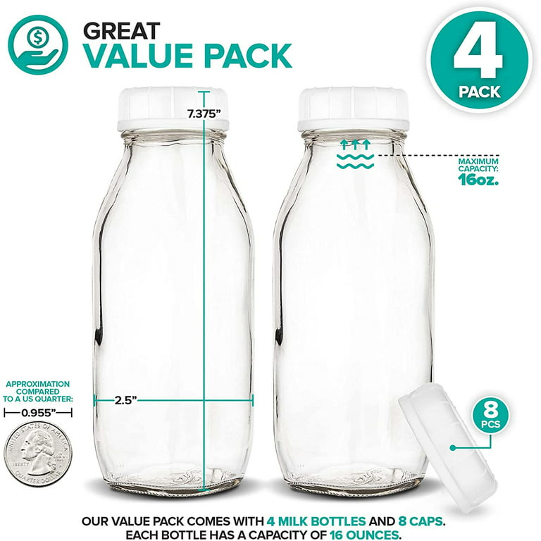 Stock Your Home Glass Milk Bottles (4 Pack) - 16-Ounce 
