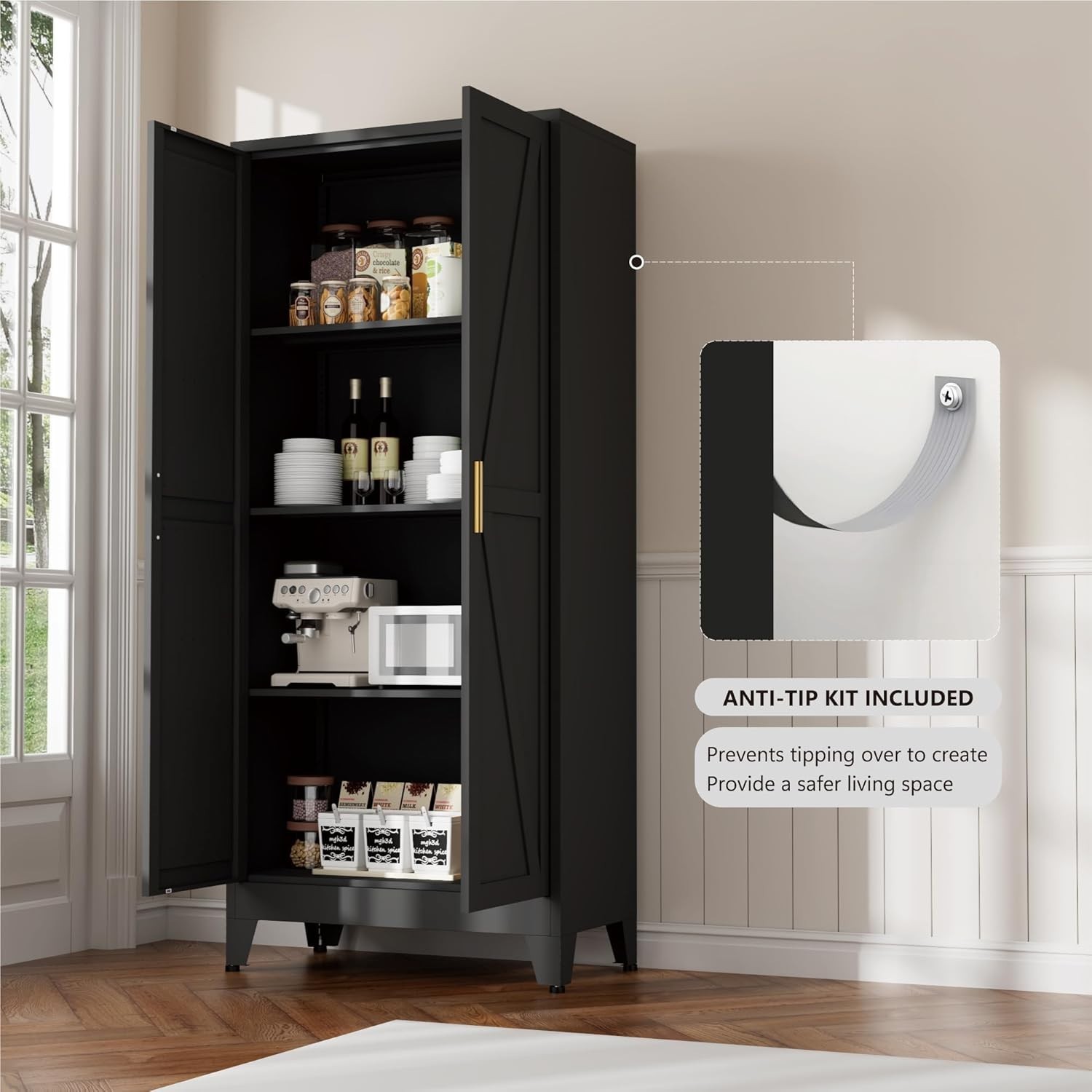WDZS Large Metal Kitchen Pantry Cabinet with Adjustable Shelves - Freestanding Kitchen Storage Cabinet for Dining Room,Livingroom Bathroom, Hallway, Workshop, Office,Black