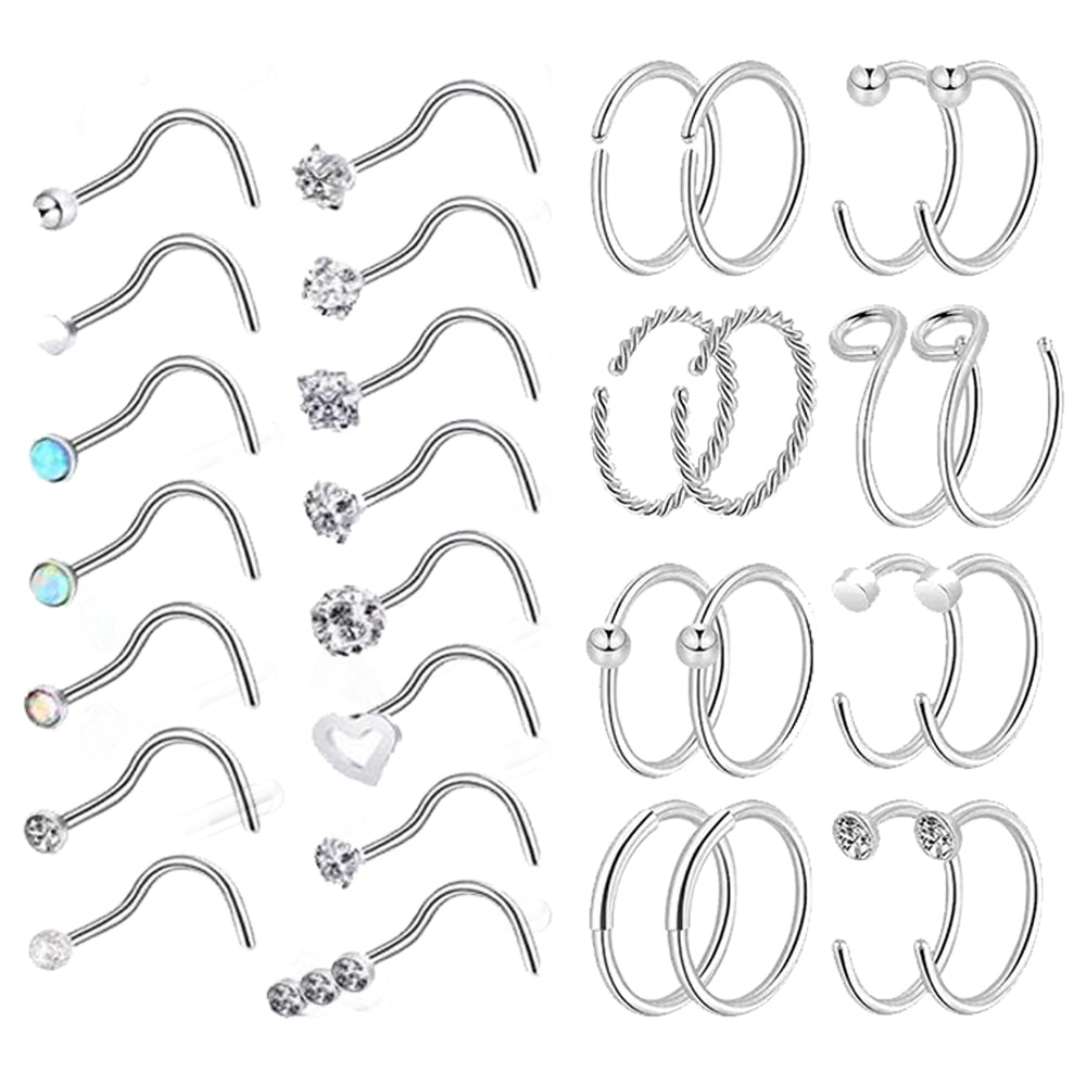 ZS 31Pcs/Set 20g Star Heart Nostril Piercing Round Crystal Nose Ring