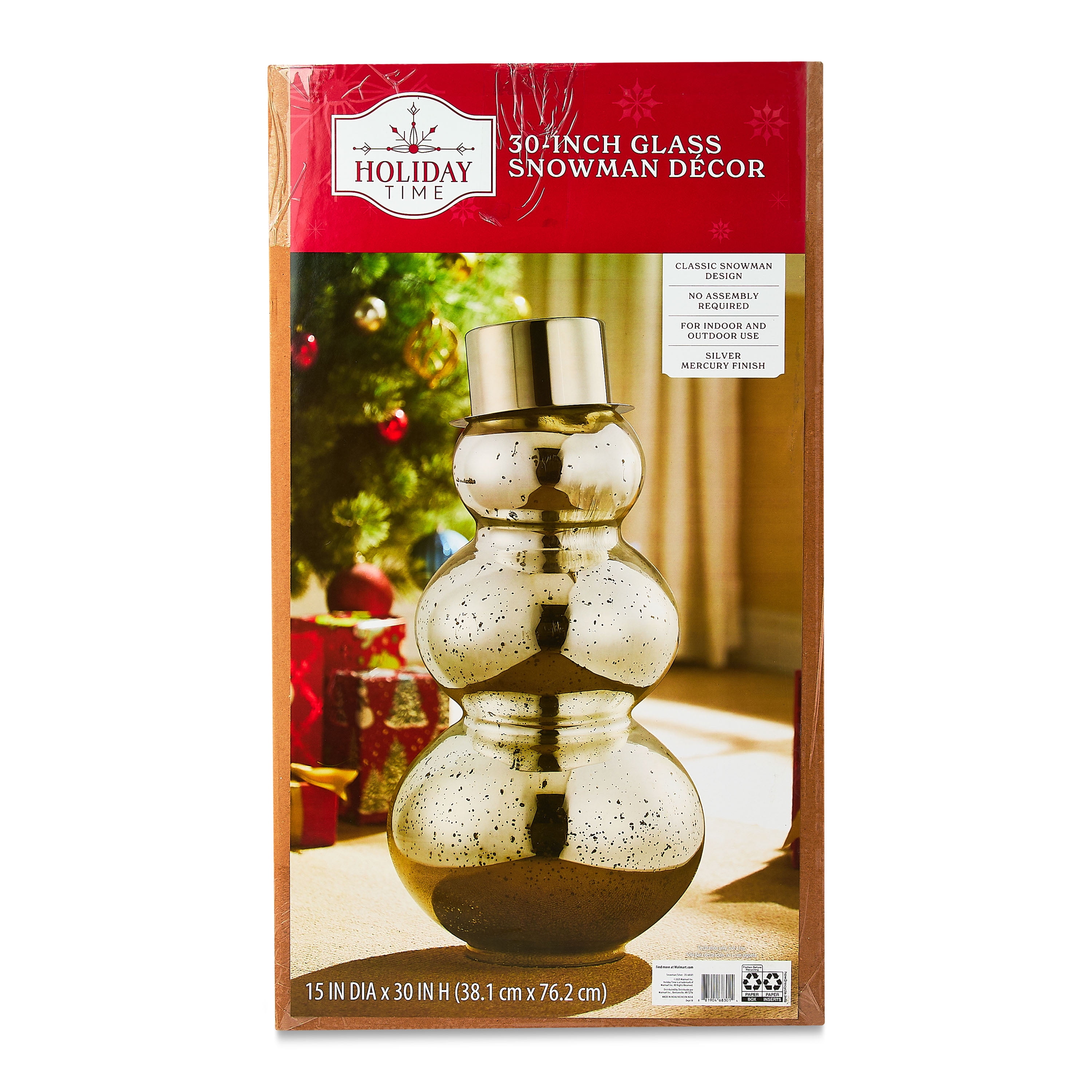 Glass and Metal Snowman Christmas Decoration, Silver, 30", by Holiday Time