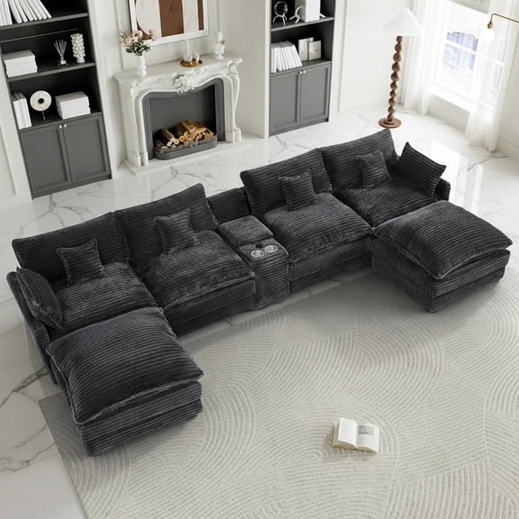 Aisword 145" U Shaped Cloud Couch Sectional with USB Charging, Hidden Storage, Cup Holders & Chenille Double Chaise, Grey