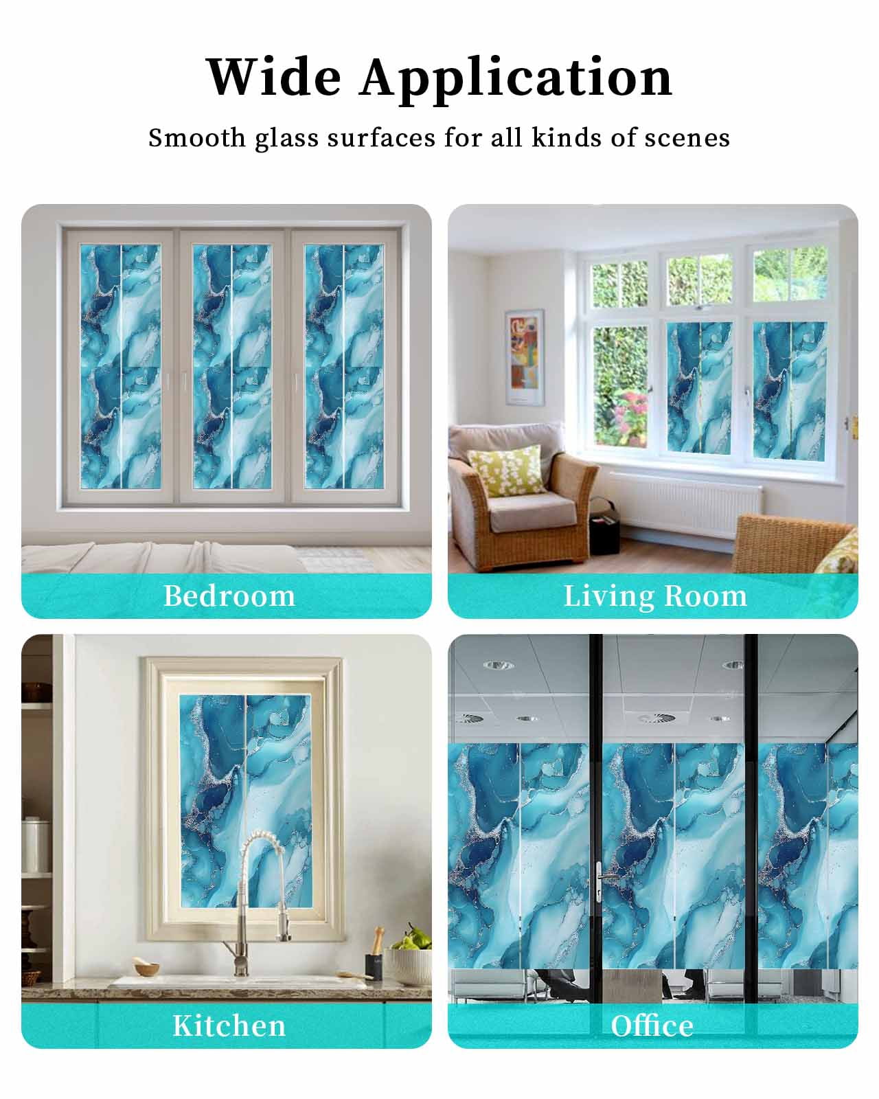 Window Privacy Film Blue Teal Marble Stained Glass Window Film Decorative Sun Block Window Cover Aesthetics Modernism Abstract Window Clings Static Adhesive Sticker for Bathroom 23.6"x59"