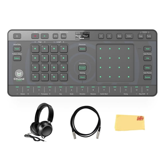 Pioneer DJ AlphaTheta Chordcat 8-Track Groovebox Bundle with Gearlux Headphones, MIDI Cable, and Austin Bazaar Polishing Cloth