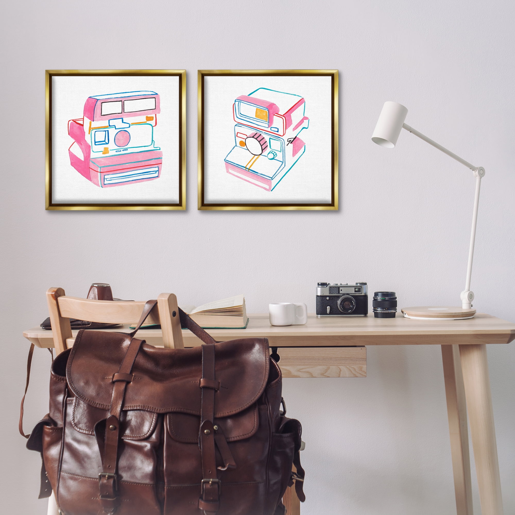 Stupell Industries Hand Drawn Vintage Camera Entertainment Painting Gold Floater Framed Canvas Art Print Wall Art, 18 x 18, Set of 2