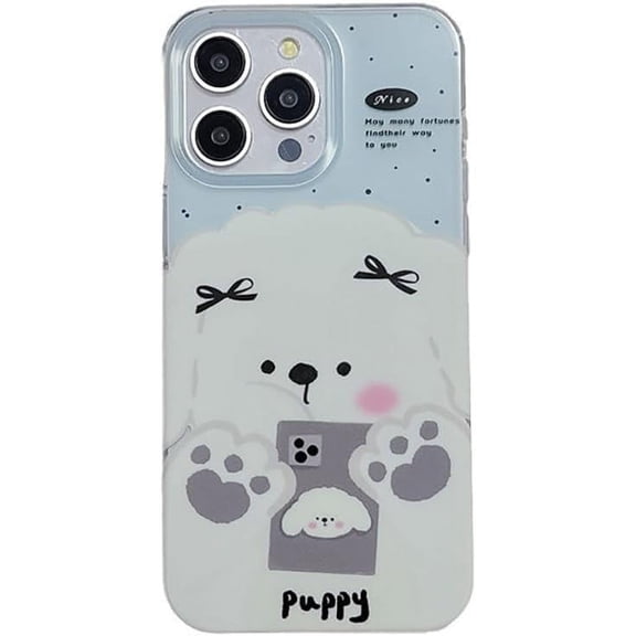 Cute Cartoon Puppy Bow Soft Phone Case Compatible with iPhone Case (Blue,iPhone 15)