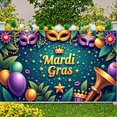 thumbnail image 6 of Colorful Feathers Mardi Gras Banner Golden Mask Carnival Backdrop Bead Necklace Star Pattern Festive Background for Mardi Gras Festival Carnival Party Holiday Gathering, 6 of 9