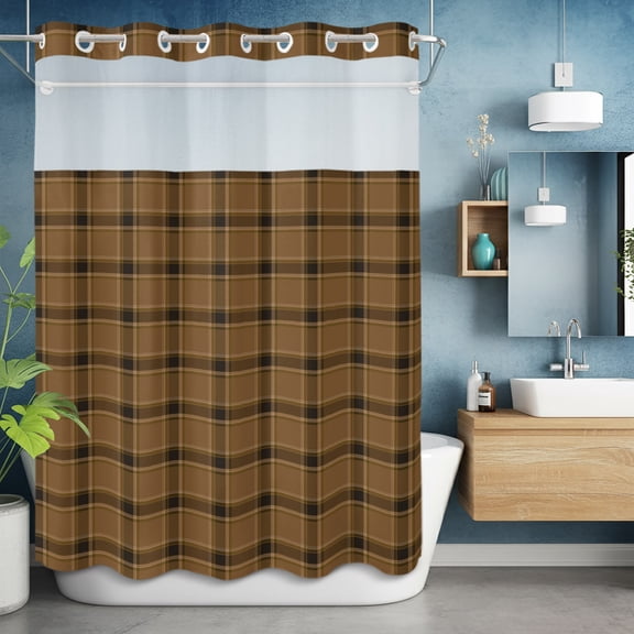 No Hooks Shower Curtain with Snap in Fabric Liner Set, Farmhouse Vintage Brown Plaid Shower Curtains Waterproof Bathroom Curtain with See Through Top Window,Hotel Style,60x72in Country Style