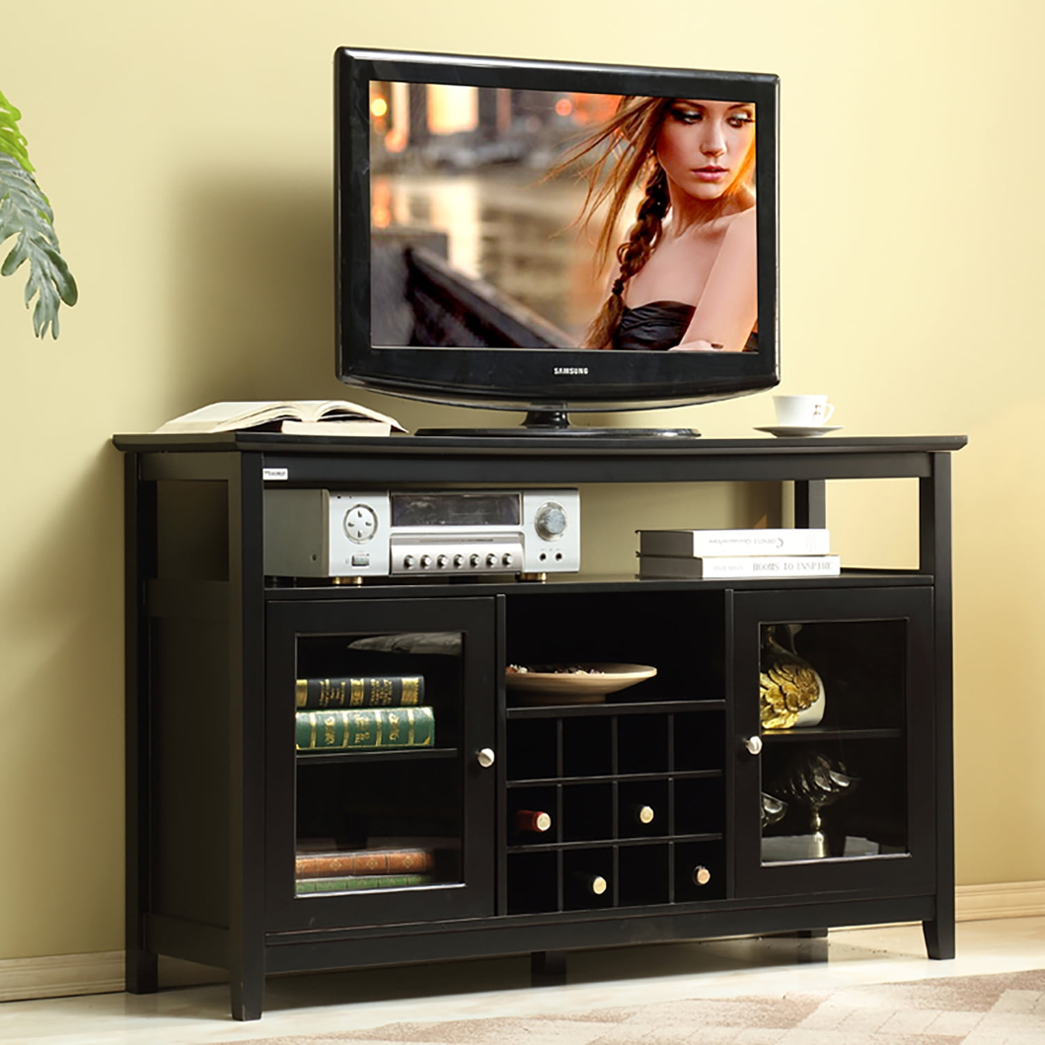 Resenkos 2 Glass Doors Sideboard Buffet for Kitchen Dining Room, Wine Cabinets with Storage for Wine Bottles and Glasses Black
