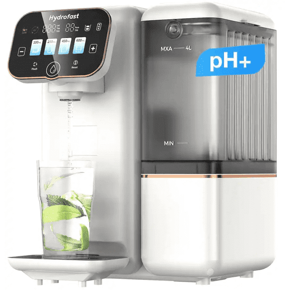 Hydrofast B100 Countertop Water Purifier, Room Temperature, 6-Stage Filtration, No Installation, Smart Touchscreen, Large Capacity Water Tank, 3:1 Pure to Drain Ratio, White