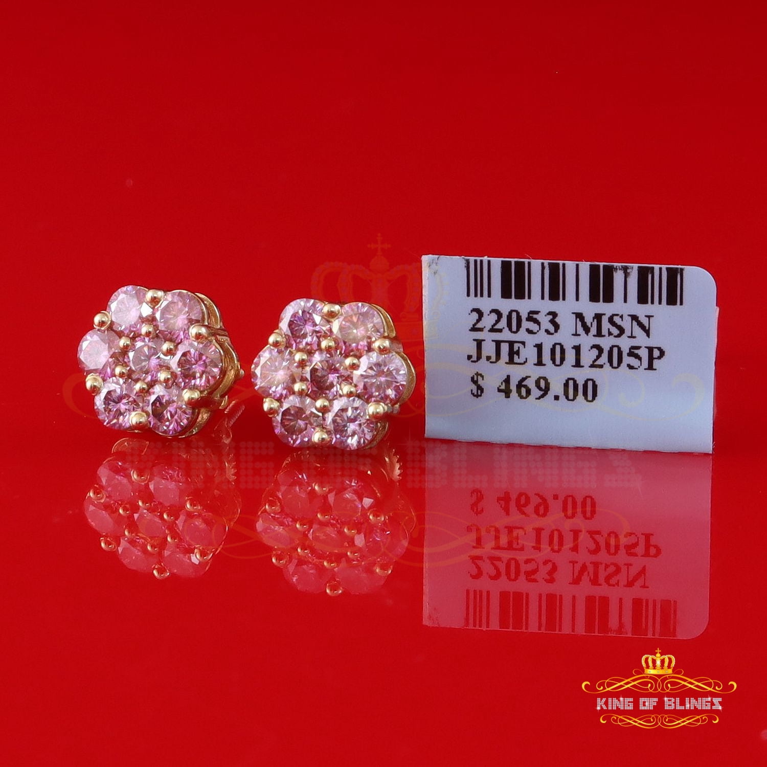 King of Bling's 925 Silver Yellow 2.25ct VVS D Pink Moissanite Floral Mens/Women's Stud Earrings