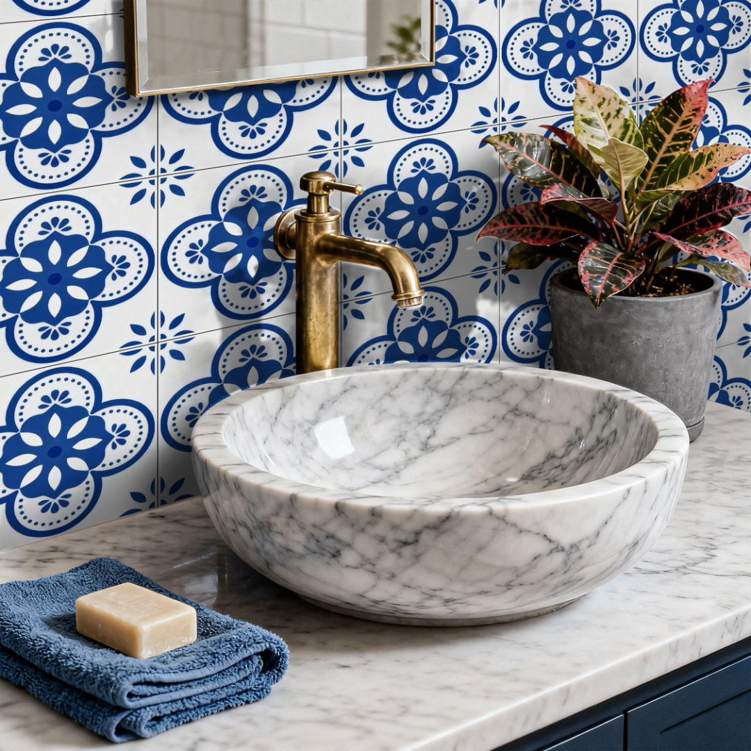 24Sheets Matte PVC Tile Sticker Waterproof Peel and Stick Backsplash 7.87" x 7.87" Blue White Flowers Wall Stickers Self Adhesive Decals DIY Decor