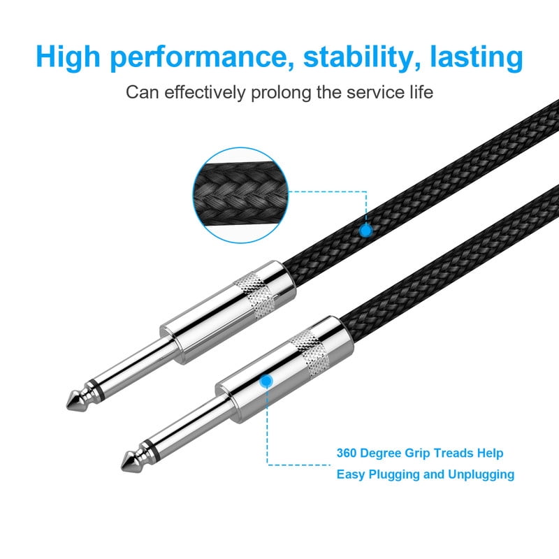 New bee 2pc 20ft Guitar Cable, 6.35mm 1/4 Inch Instrument Cable, Straight/Right Angle Plug Options for Electric Guitar, Bass, Amp & Effects Pedal, Shielded Oxygen-Free Copper Audio Cord (Black)