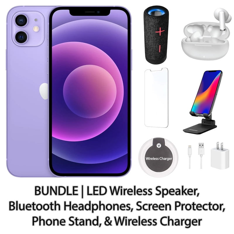 Restored Apple iPhone 12 64GB Purple Fully Unlocked Bundle: LED Wireless Speaker, Bluetooth Headphones, Screen Protector, Wireless Charger, & Phone Stand (Refurbished)