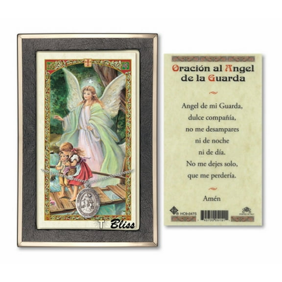 Sterling Silver Angel de la Guardia Medal on a 18 inch Lite Curb Chain with a Prayer to Guardian Angel On Bridge Prayer Card.