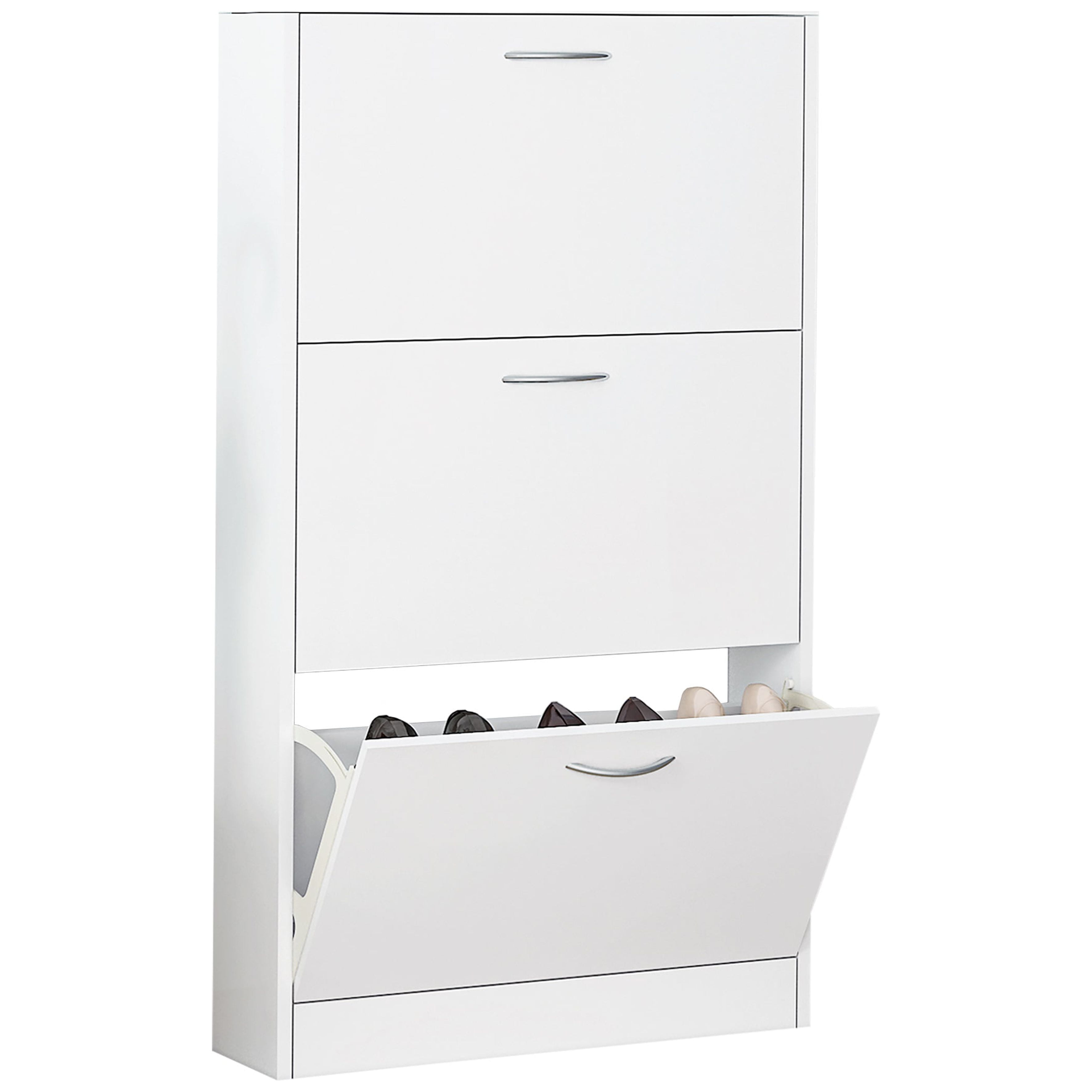 Shoe Cabinet for Entryway, White Narrow Shoe Storage Cabinet Flip Down Shoe Rack Wood 3 Tier Shoe Organizer for Home and Apartment