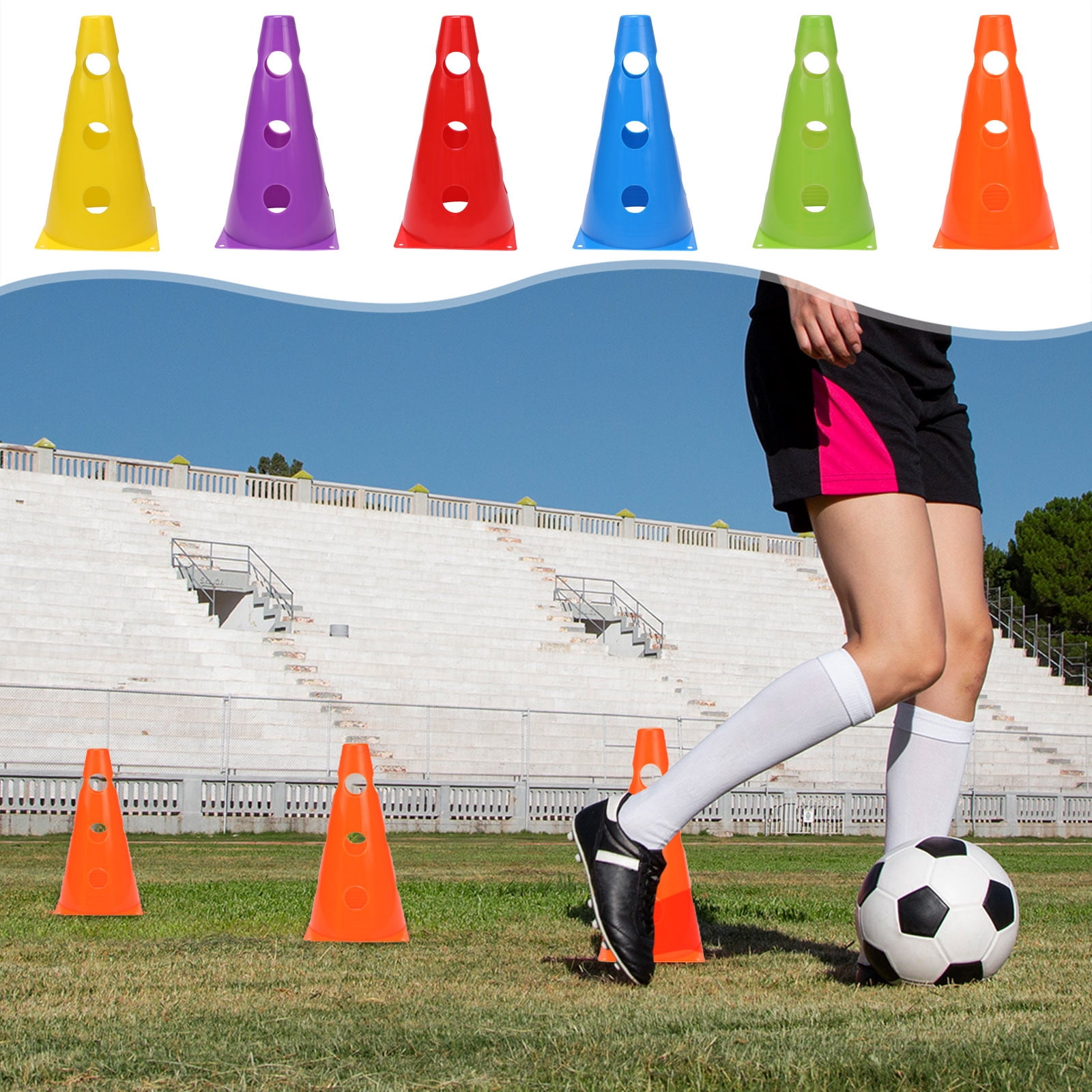 Lot 6 Cônes D'entraînement FOYTOKI – PP – Couleurs Assorties – 23x17 Cm – Pour Football, Basket – Visibilité Herbe – Plastique Durable