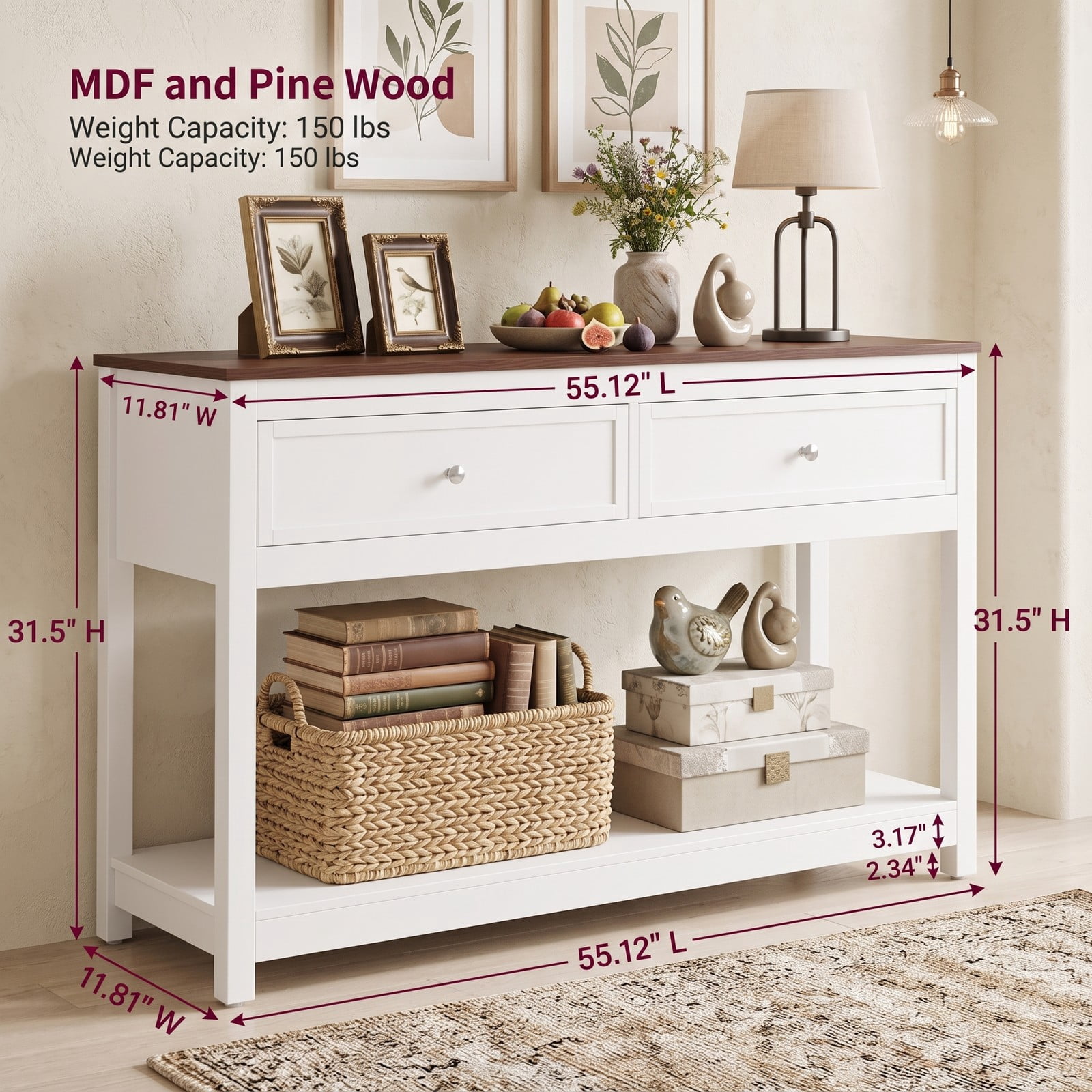 Furnibear Farmhouse Console Table with 2 Drawers and Open Storage Shelf and Two-Tone Wood Top for Entryway and Hallway, White