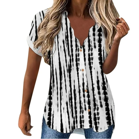 KTMKH Oversized Button Down Shirts For womens Short Sleeve V-Neck Tee Shirts Casual Print Black Lfashion Woman Blouses