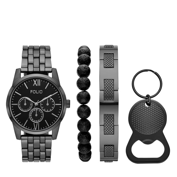 Folio Men's Three-Hand, Gunmetal Alloy Watch, Bracelets, and Bottle Opener Gift Set