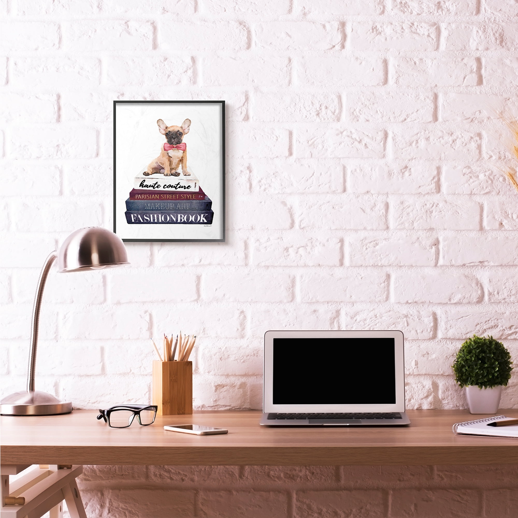 Stupell Industries Fashion Designer Pet Dog Bookstack Blue Red Watercolor Framed Wall Art by Amanda Greenwood