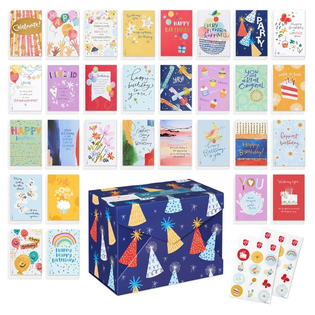 American Greetings 30-Count Birthday Card Assortment Box with Envelopes, Seals, and Storage Box (Kathy Davis Designs, Party Hats)