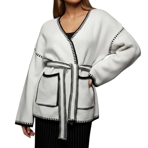 Wang6 Plus Size Cardigan Sweaters for Women Causal Open Front Long Sleeve Wrap Knit Sweater with Belt Trendy Fall V Neck Solid Knitted Tops Outerwear with Pocket White XL