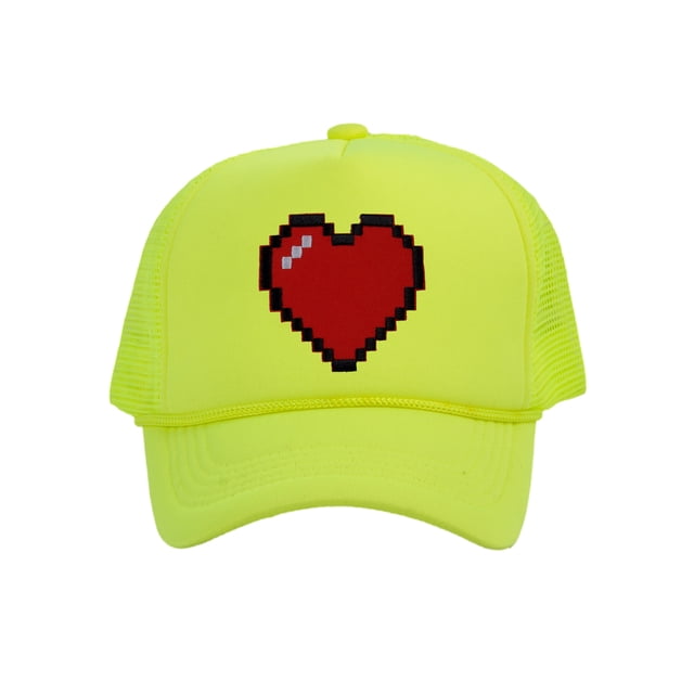 Men's 80's Retro Large 8 Bit Pixelated Heart Gamer Trucker Hat, Neon Yellow