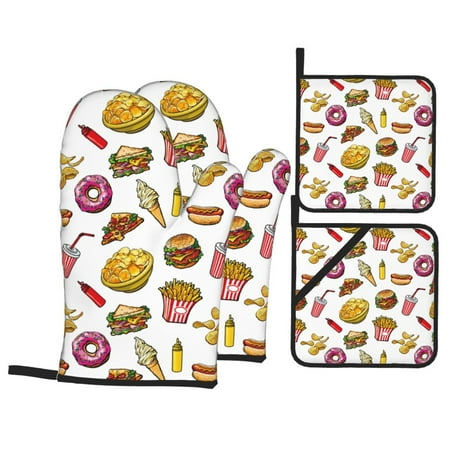 

Oven Mitts and Pot Holders Sets 4 pcs - Cute Food Ketchup Potato Chips Heat Resistant Silicone Oven Gloves with Non-Slip Silicone Surface and hot pads for kitchen Baking Cooking BBQ