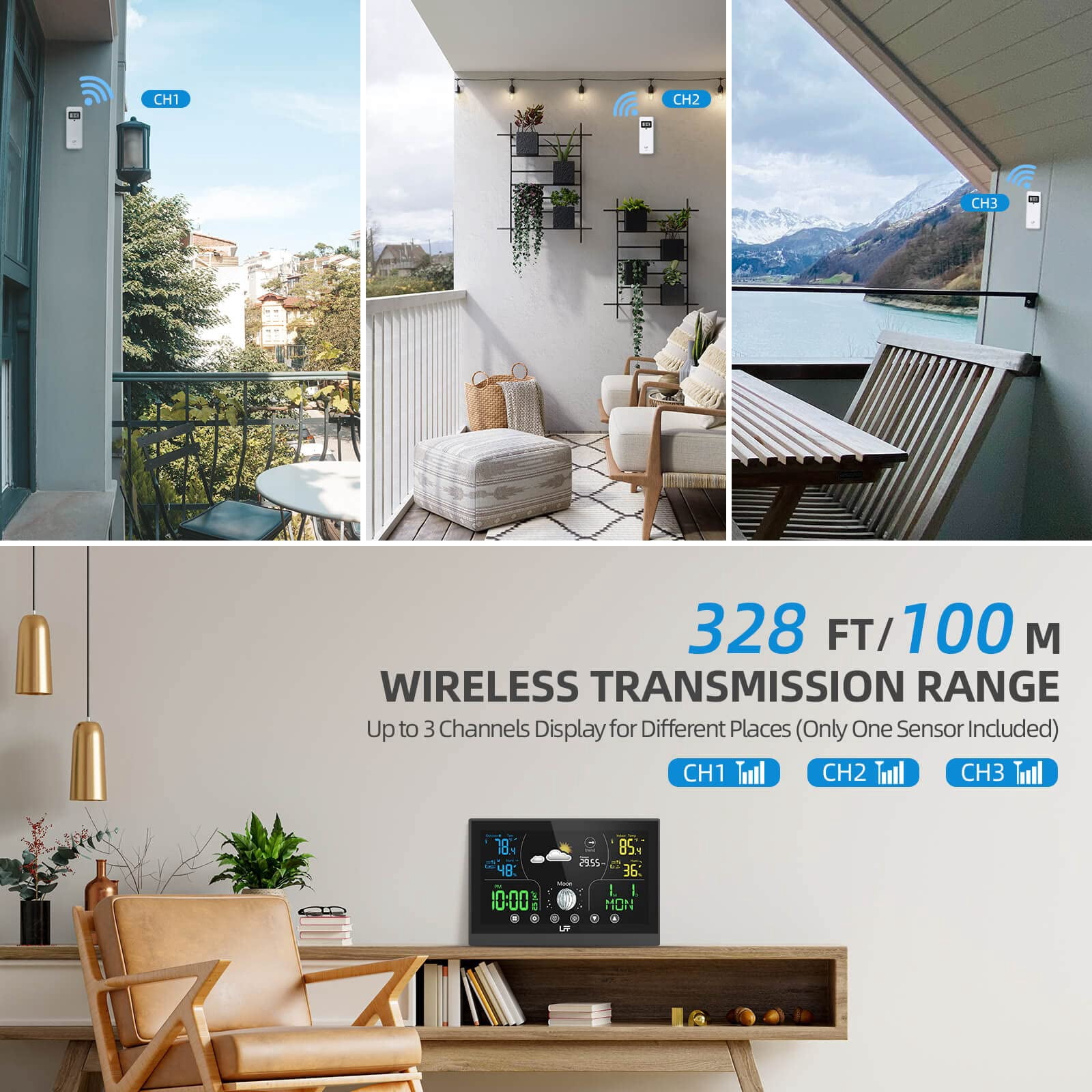 Weather Stations Wireless Indoor Outdoor LFF Indoor Outdoor Thermometer Wireless Color Display Digital Weather Station, Weather Thermometer Forecast Station with Atomic Clock and Adjustable Backlight