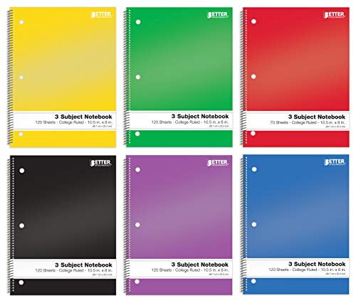 Spiral Notebooks 3-Subject, 6 Pack, College Rule, 120 Sheet Notebook with Sturdy Pocket Dividers, 10.5 x 8 inches, by Better Office Products, 6 Assorted Primary Colors, 6 Pack