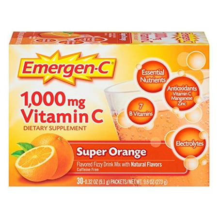 Fizzy Drink - Emergen-C (30 Count, Super Orange Flavor, 1 Month Supply) Dietary Supplement Fizzy Drink Mix with 1000mg Vitamin C, 0.32 Ounce Packets, Caffeine Free