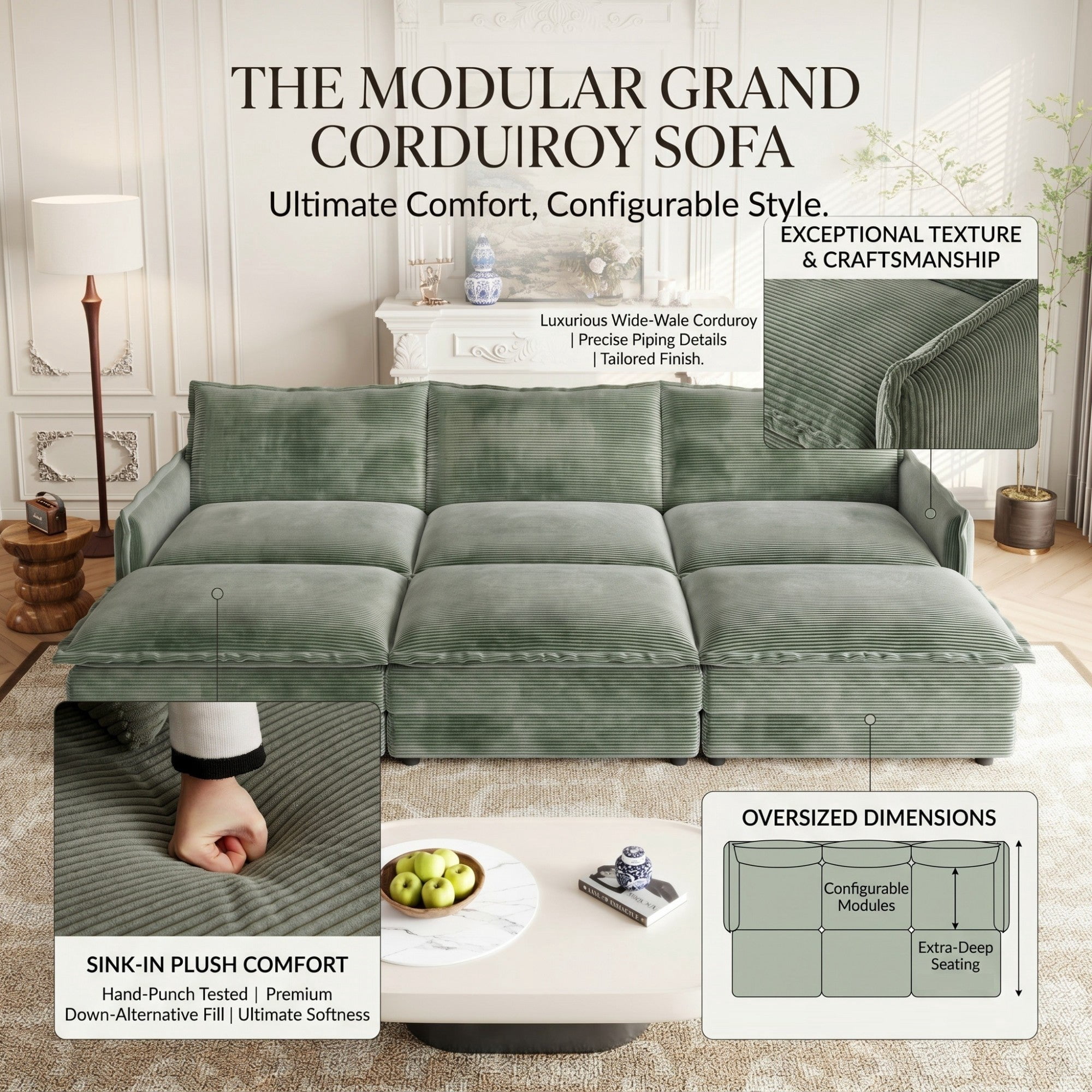 Sailvan 3-Seater Corduroy Sofa with 3 Ottomans, Oversized Deep Seat Cloud Couch for Living Room Green