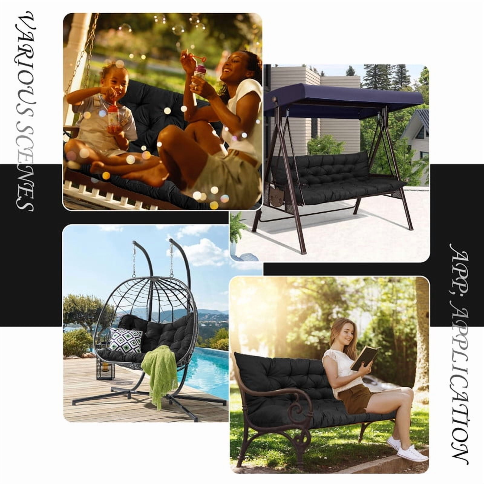 Outdoor Cushions for Patio Furniture, 4" Thick Waterproof Porch Swing Cushions Replacement with Backrest, 2-3 Seater Bench Cushion（Black,40*60in）