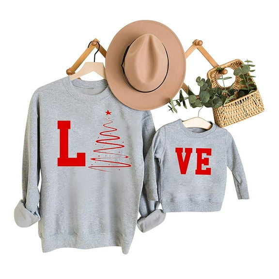 Odeerbi Christmas Pajamas For Family Women Mommy Me Matching Outfits Printed Long Sleeve Round Neck Pullover Mom Sweatshirts Gray