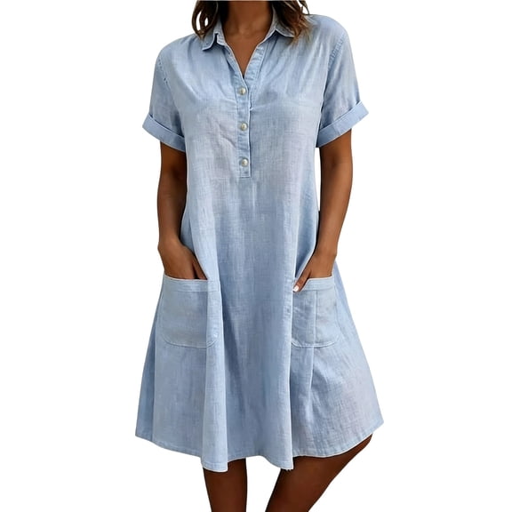 Bosfbaoi Dresses for Women Casual A-Line Tunic Dress Collared Neck Short Sleeve Shirt Dress with Pockets Summer Dresses for Women 2026