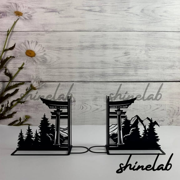 Shinelab Torii Gate Metal Bookend Personalized Gift, Torii Gate Name Bookend, Japanese Style Bookshelf Decor 5495