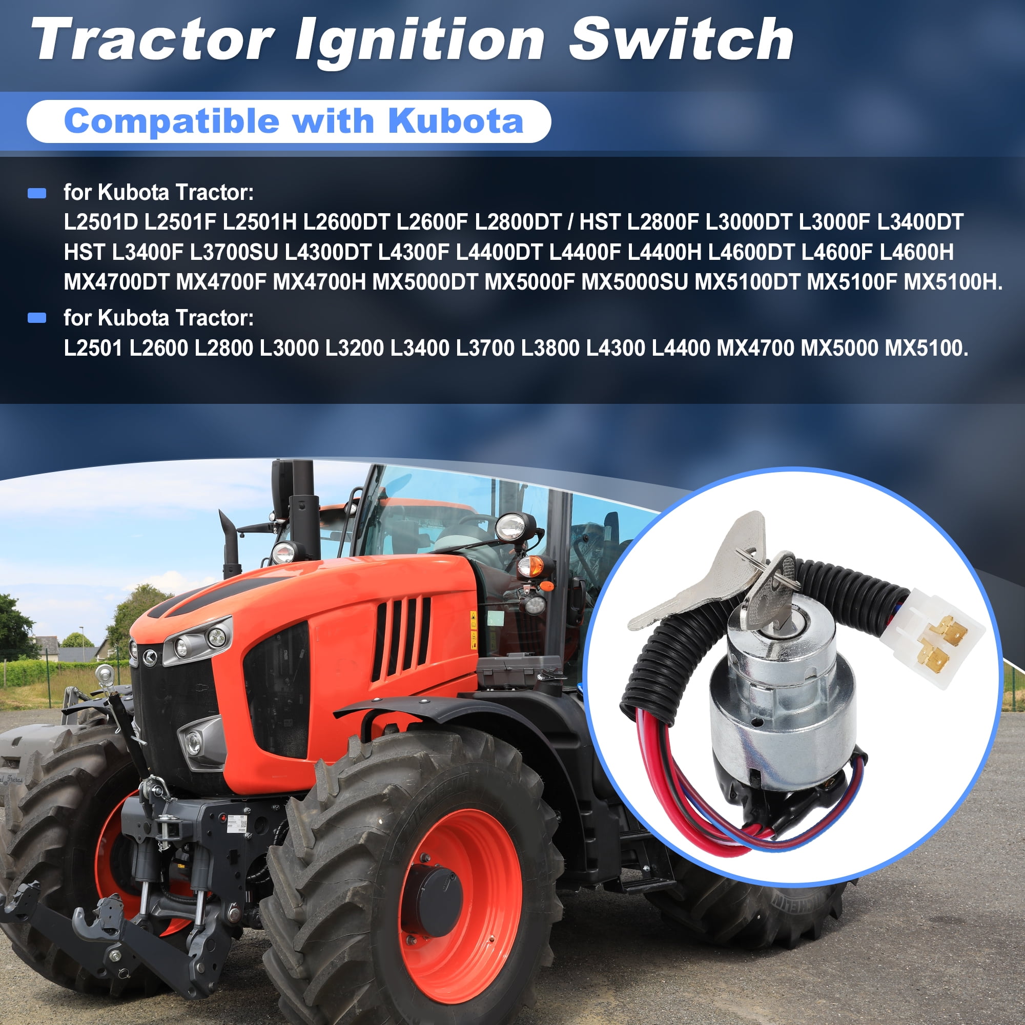 Starter Ignition Switch with Key for Kubota Tractor L2501 L2600 L2800 L3000 L3200 L3400 L3700 L3800 L4300 L4400 MX4700 MX5000 MX5100 Replace TC02031820/TC02031822/3497644