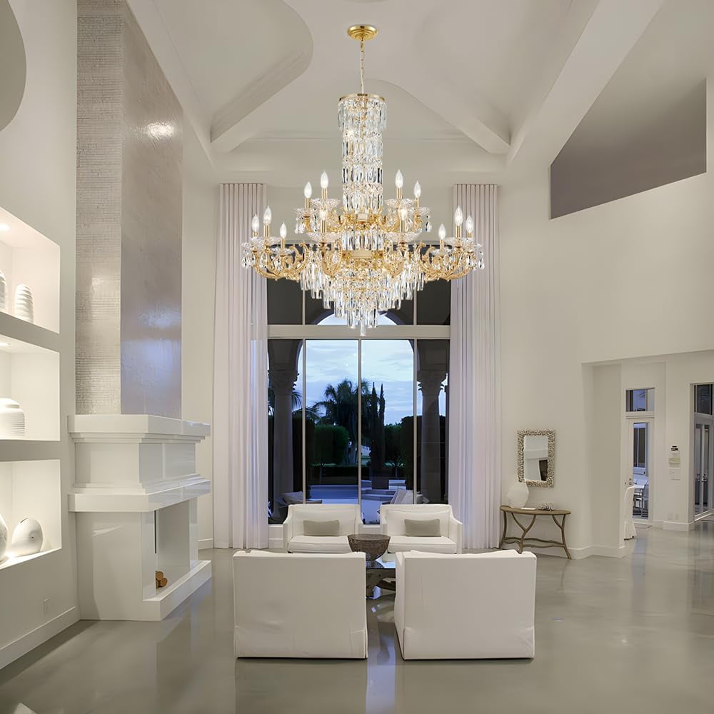 Posiosa Gold Crystal Contemporary Chandelier Foyer Entryway Lighting, 2-Tier Large Foyer Entrance Chandeliers for High Ceiling Big Crystal Chandelier(Dia 40.2 inch 22 Lights)