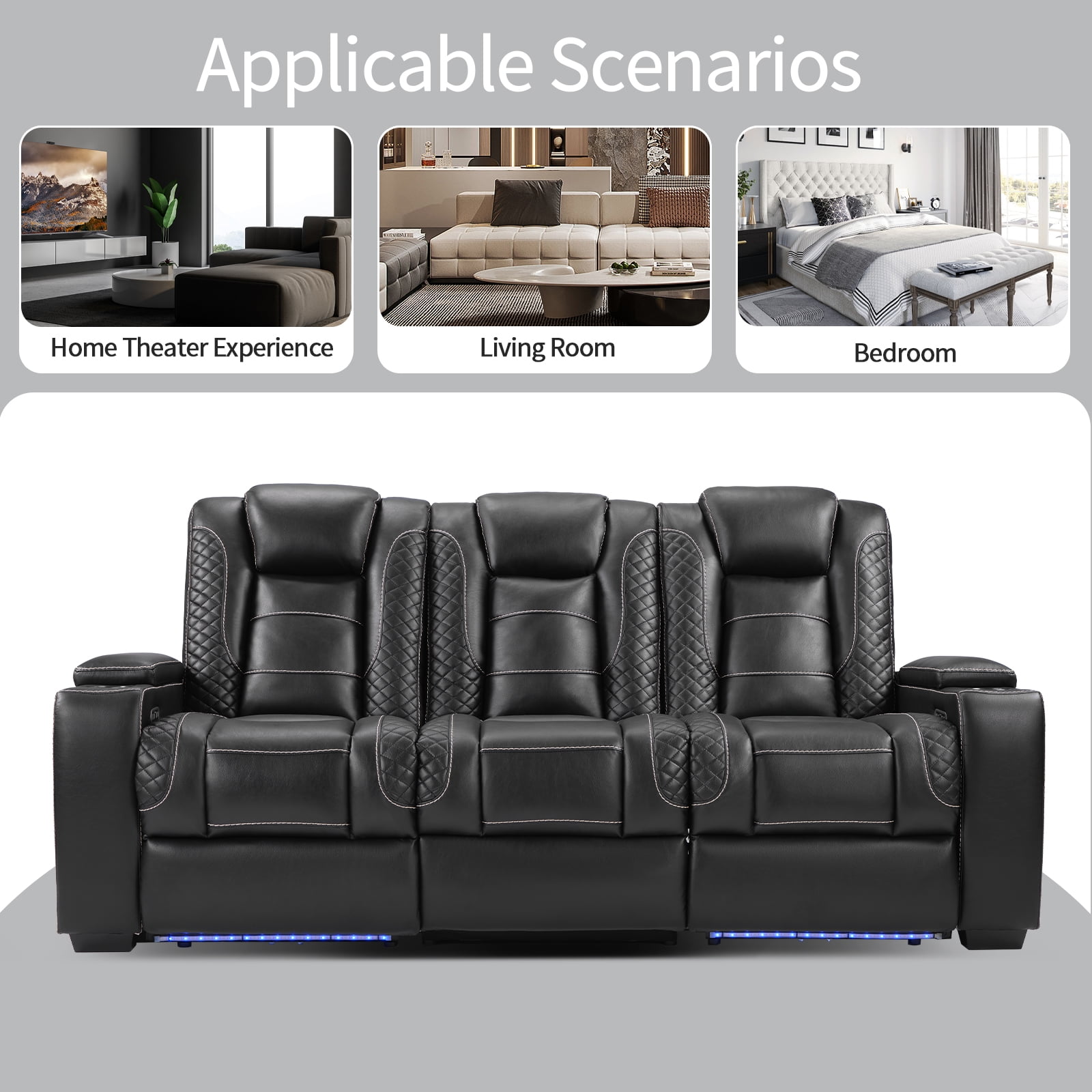 Bonzy Home Power Theater 3-Seat Recliner Sofa — PU Leather Power Recliner with Cup Holders, Hidden Arm Storage, USB Ports, LED Lights & Adjustable Headrests, Black