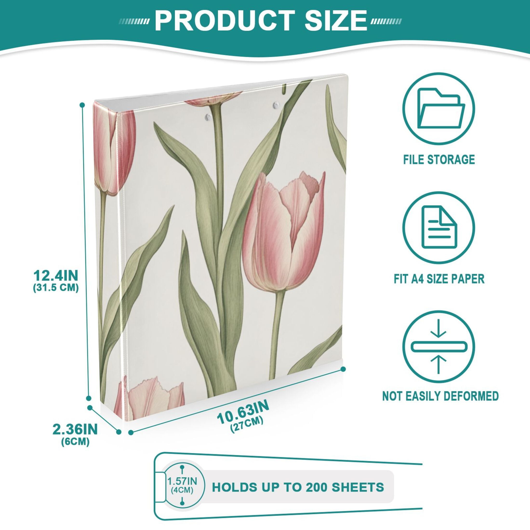 Tulip Flowers Floral 3 Ring Binders 1.5 inch Hardcover File Folders with Interior Pockets A4 Size Organizer for School Office Hospital