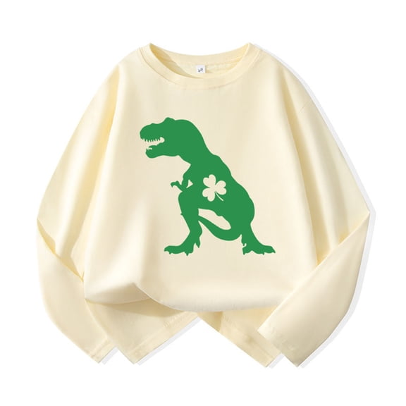 Gzbliryd Boys Girls st patricks day shirt t shirt Dinosaur Print 100% Cotton Crewneck Shirts Summer Long sleeves T Shirt Tee Tops (Beige,3-4 Years)