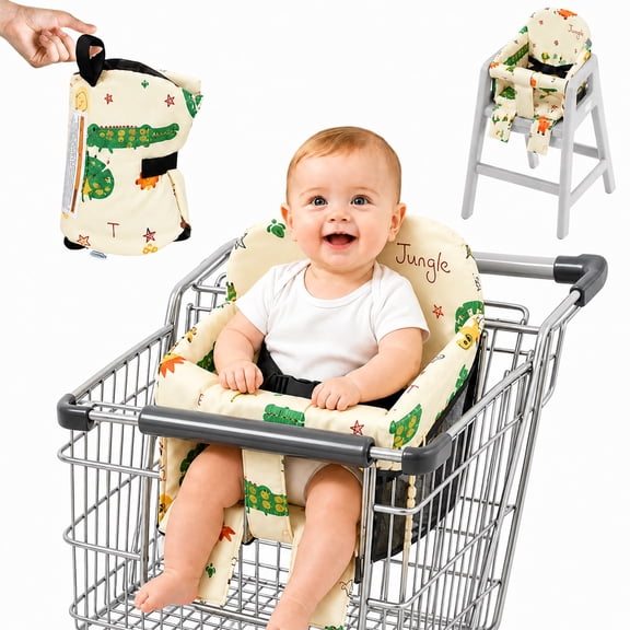 2-in-1 Baby Shopping Cart & High Chair Cover, Jungle Animal Pattern, Thick Padded Toddler Seat Liner with Harness & Storage Pocket, Foldable Portable Travel Cushion