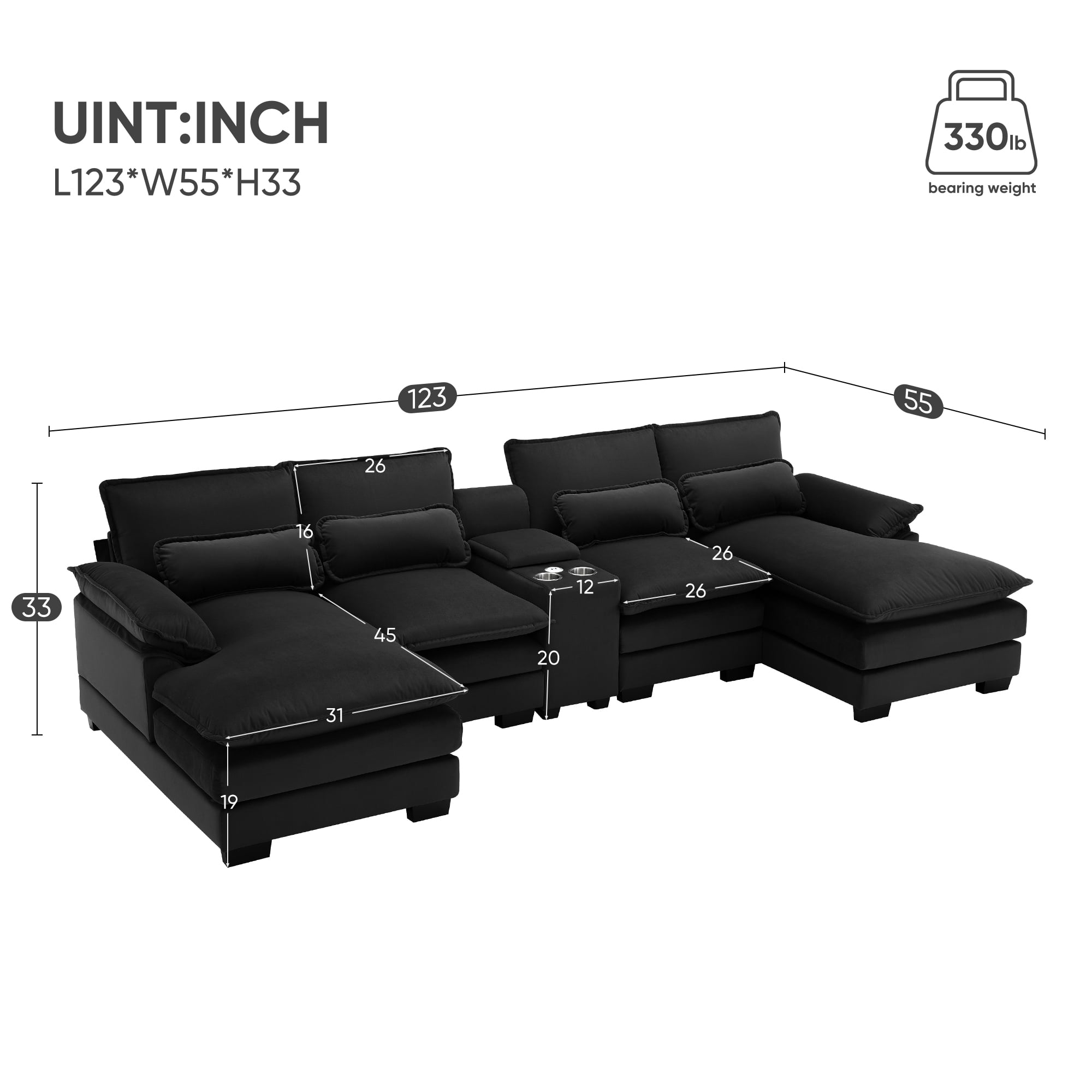 Harper & Bright Designs Sectional Sofa with Console and Cup Holders, Modern U Shaped Sofa Couch Sets with 2 Chaise Lounge, 4-seat Chenille Cloud Couch with USB Ports for Living Room Office, Black
