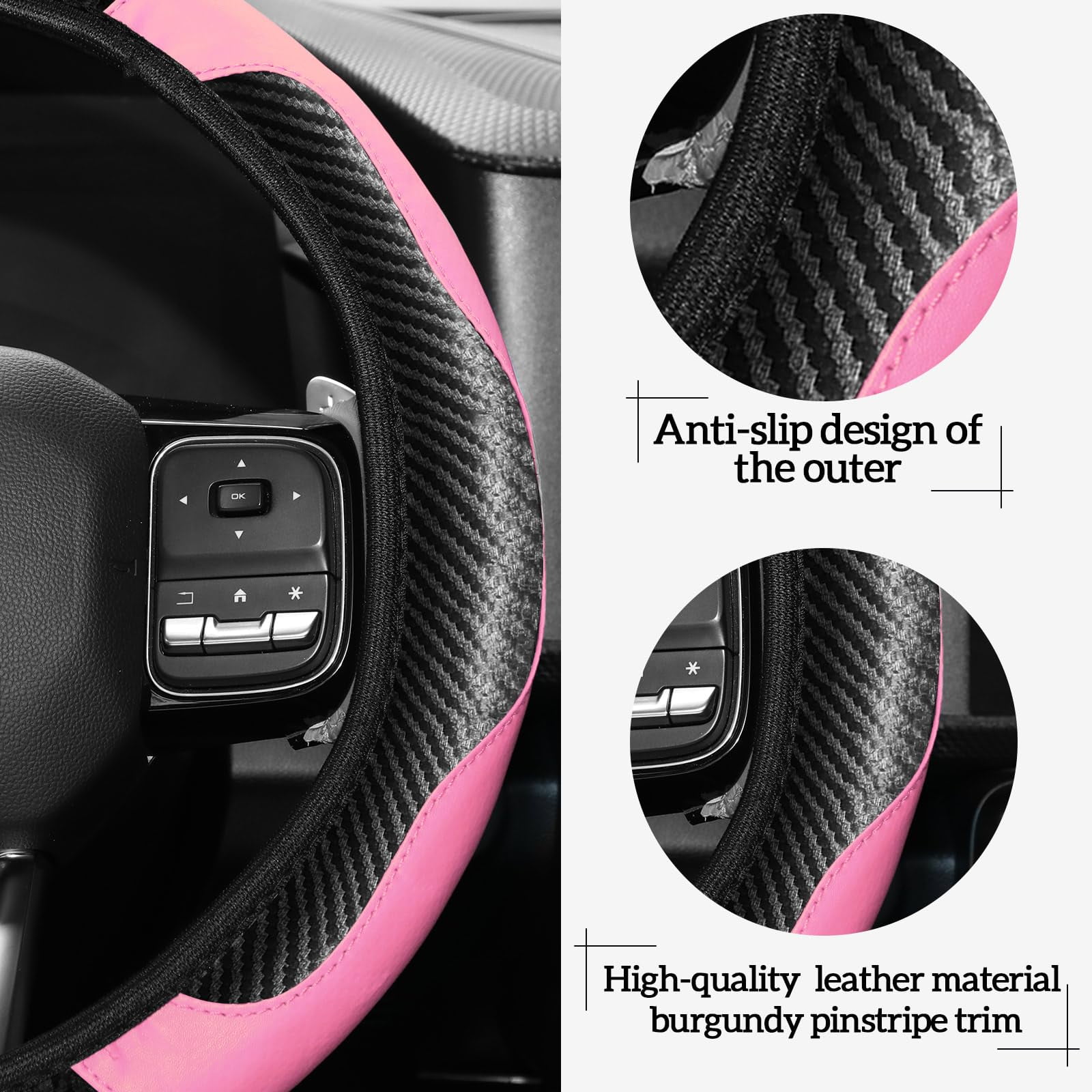 30Pcs Car Interior Accessories Set PU Leather Carbon Fiber Pattern Steering Wheel Cover for Women and Men with Armrest Pad Seat Belt Covers Cup Coasters Vent Trim strips, Pink