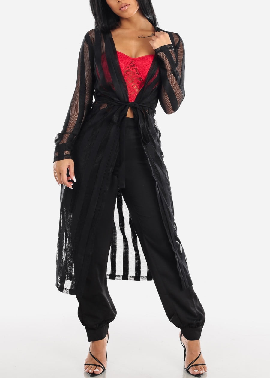 Moda Xpress Womens Long Sleeve Maxi Cardigan See Through Mesh Striped