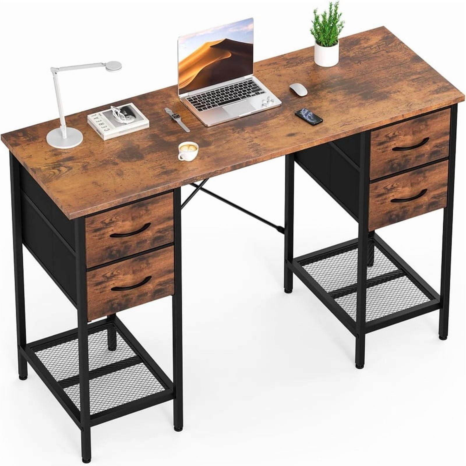 Kelno 55 Inch Computer Desk with 4 Fabric Drawer Storage Shelf Gaming Writing Table, Rustic Brown