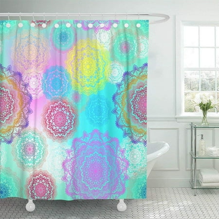ARTJIA Blue Chakra Beautiful Colorful Mandala Flower Pattern on Pastel Color Rainbow Ethnic Pink Shower Curtain 66x72 inch