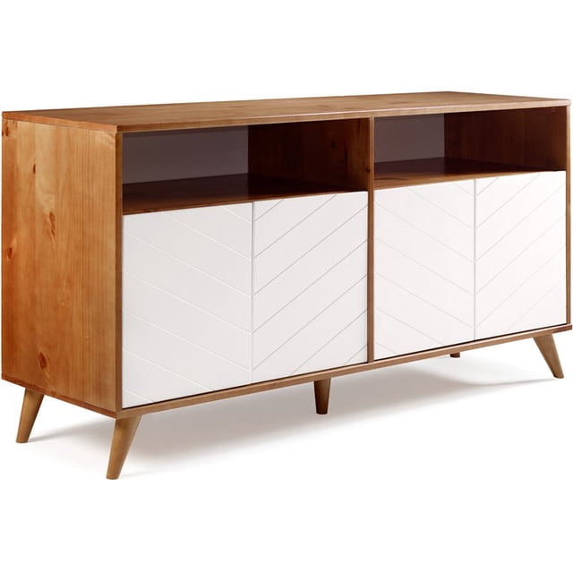 Kenswick 60" Chevron Console de Télévision 4 Portes avec Étagères Réglables en Blanc/caramel