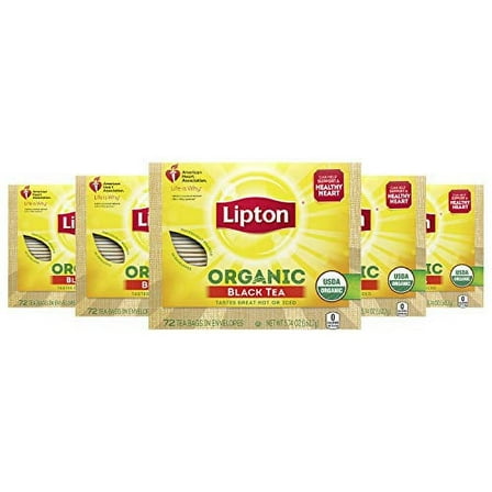 Lipton Organic Black Tea Bags, Can Support Heart Health, 72 Count (Pack of 5)