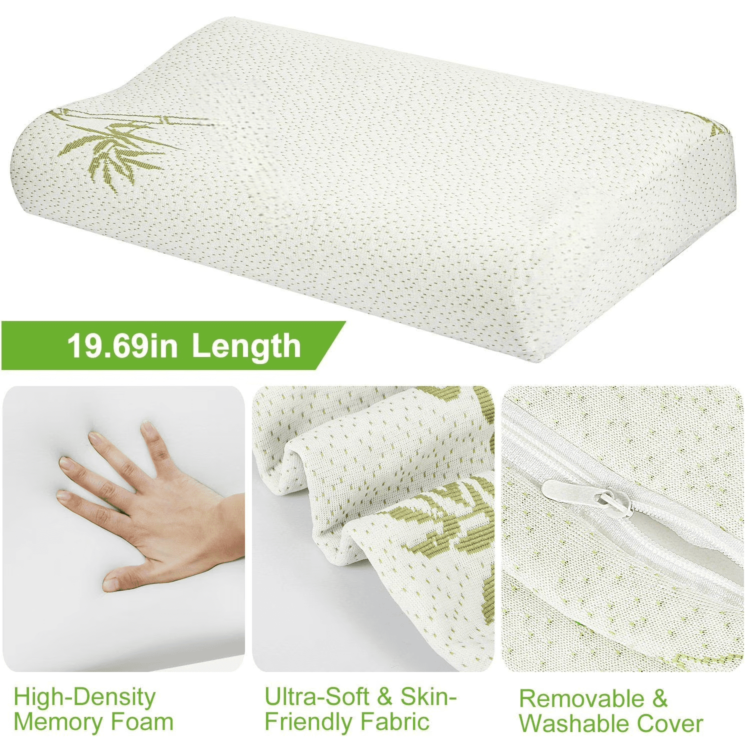 Bamboo Memory Foam Cervical Pillow Orthopedic Contoured Neck Support Pillow Breathable Washable Cover for Back & Side Sleepers